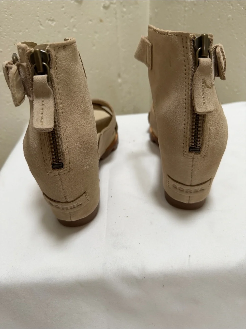 Sorel Bone Suede Wedge Sandals with Ankle Strap and Back Zip